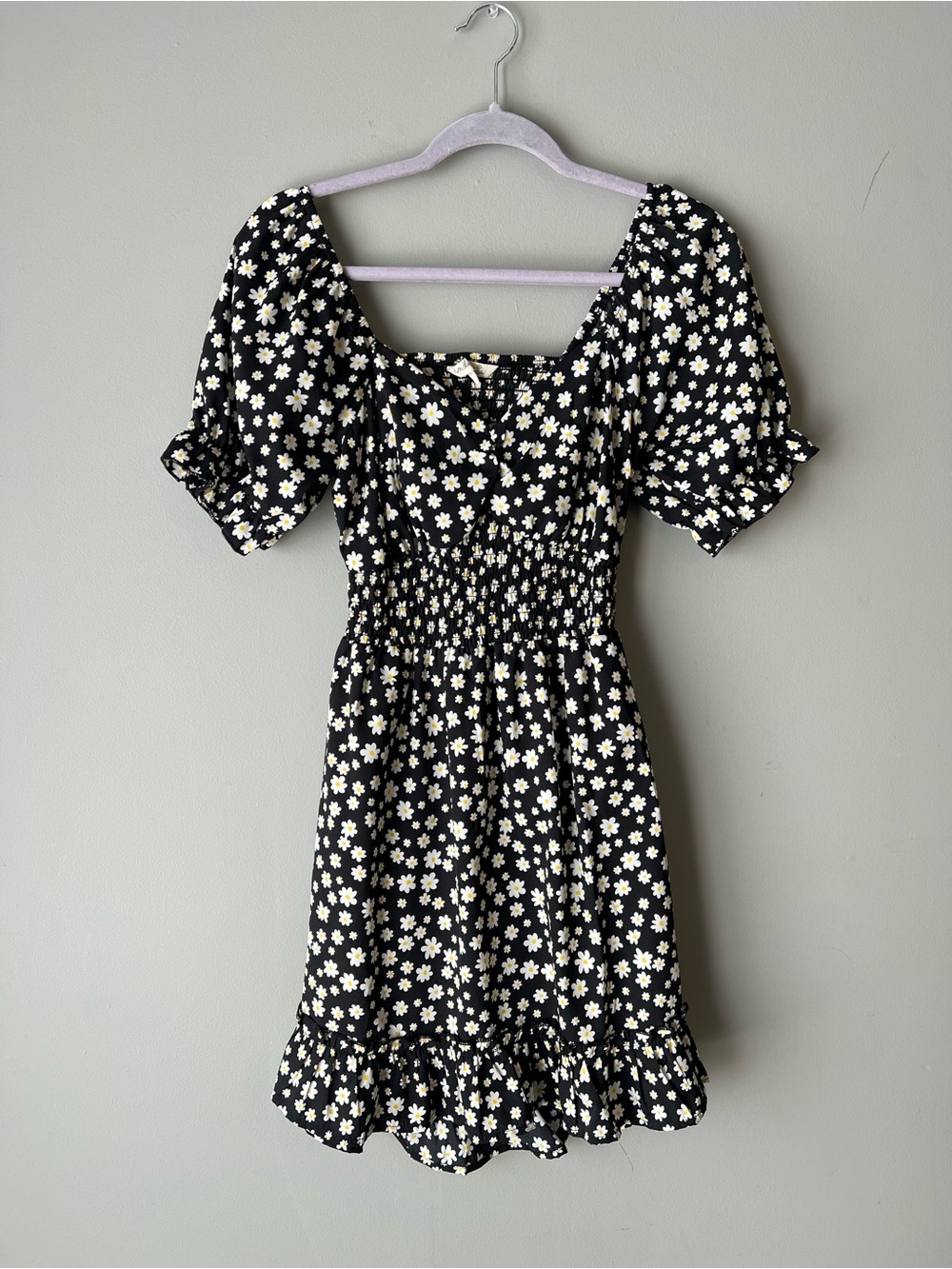 indulge Black Mini Dress with Cream Daisy Print